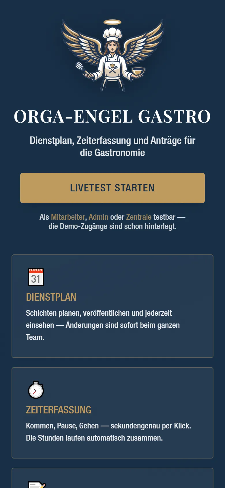 Startseite von Orga-Engel Gastro mit dem Engel-Logo auf dem Handy